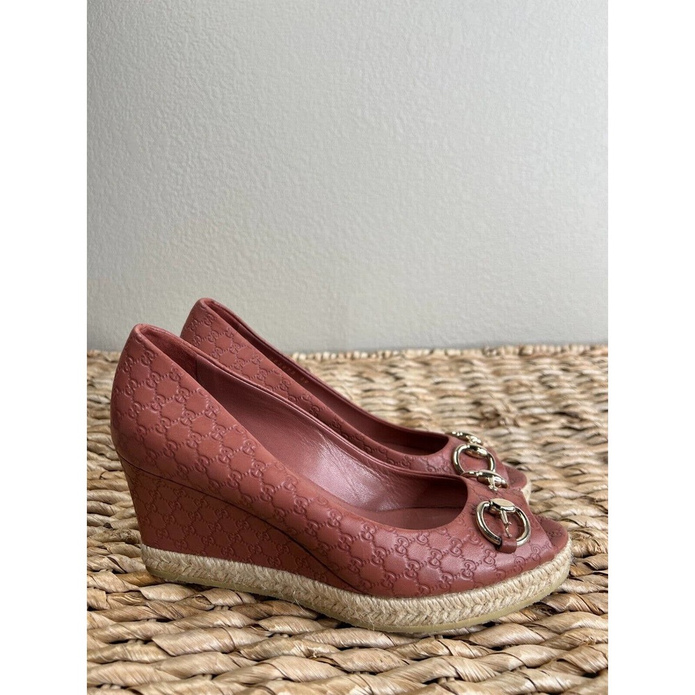 Gucci Women Leather‎ Peep-Toe Horsebit Espadrille Wedges Red Size 38